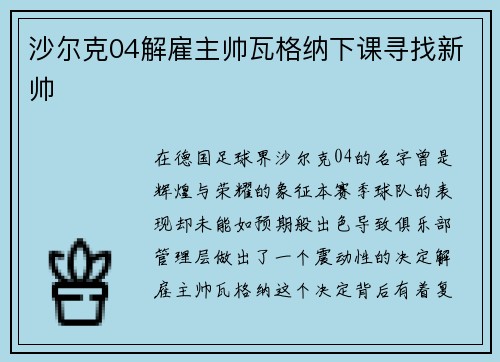 沙尔克04解雇主帅瓦格纳下课寻找新帅