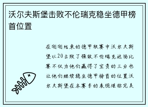 沃尔夫斯堡击败不伦瑞克稳坐德甲榜首位置